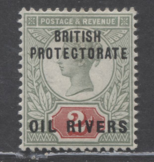 Lot 481 Niger Coast Protectorate SC#3 2d Green And Carmine 1892 Overprinted GB Issue, Type 2 Overprint, A F/VF OG Example, Click on Listing to See ALL Pictures, 2022 Scott Classic Cat. $40 USD