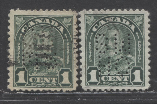Lot 68 Canada #O8-163b 1c Deep Green King George V, 1930-1931 Arch/Leaf Issue, 2 Fine/Very Fine Used Singles, 5 Hole OHMS Perfin, Positions A & D