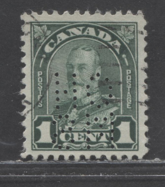 Lot 69 Canada #O8-163 1c Deep Green King George V, 1930-1931 Arch/Leaf Issue, A Very Fine Used Single, 5 Hole OHMS Perfin, Position B