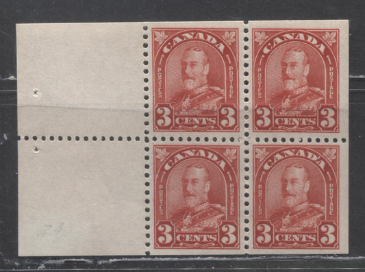Lot 87 Canada #168a 3c Deep Red King George V, 1930-1931 Arch/Leaf Issue, A VFOG Booklet Pane Of 4, With Mottled Brownish Cream