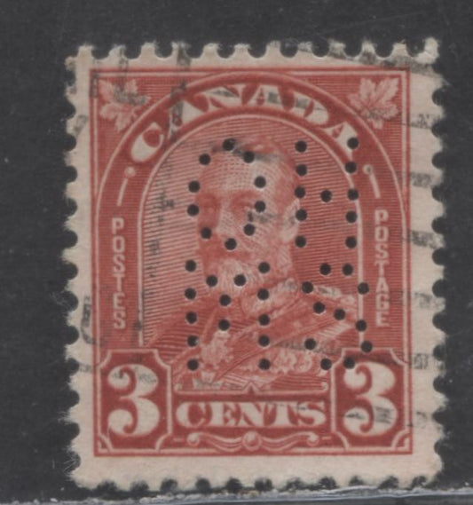 Lot 88 Canada #O8-167 3c Deep Red King George V, 1930-1931 Arch/Leaf Issue, A Fine Used Single , 5 Hole OHMS Perfin, Position A