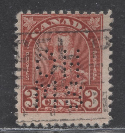 Lot 89 Canada #O8-167 3c Deep Red King George V, 1930-1931 Arch/Leaf Issue, A Very Good Used Single, 5 Hole OHMS Perfin, Position A