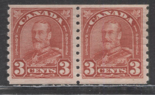 Lot 90 Canada #183 3c Deep Red King George V, 1930-1931 Arch/Leaf Issue, A FNH Coil Pair, With Striated Cream Gum