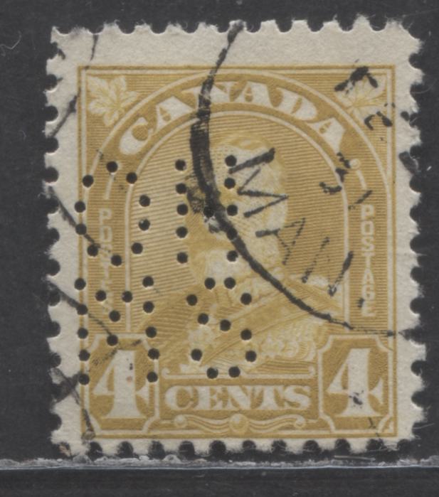 Lot 91 Canada #168var 4c Yellow Bistre King George V, 1930-1931 Arch/Leaf Issue, A Fine Used Single , 5 Hole OHMS Perfin, Position A