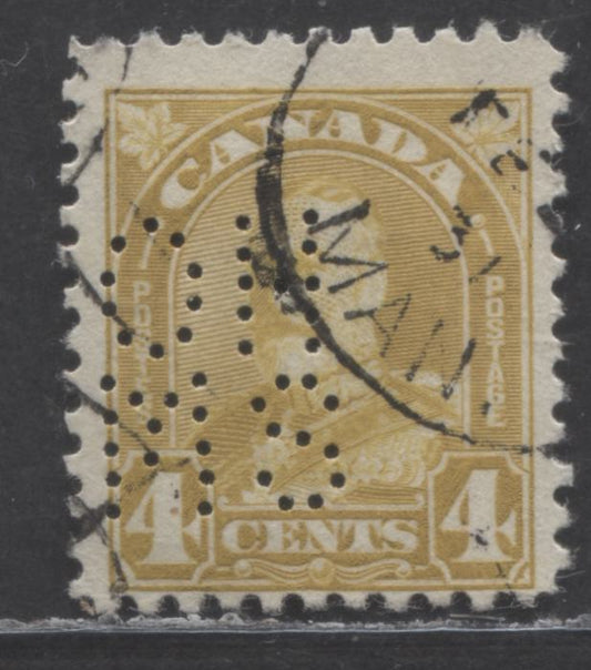 Lot 91 Canada #168var 4c Yellow Bistre King George V, 1930-1931 Arch/Leaf Issue, A Fine Used Single , 5 Hole OHMS Perfin, Position A