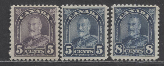 Lot 92 Canada #169a, 170-171 5c & 8c Dull Violet, Dull Blue & Dark Blue King George V, 1930-1931 Arch/Leaf Issue, 3 FNH Singles, Flat Press