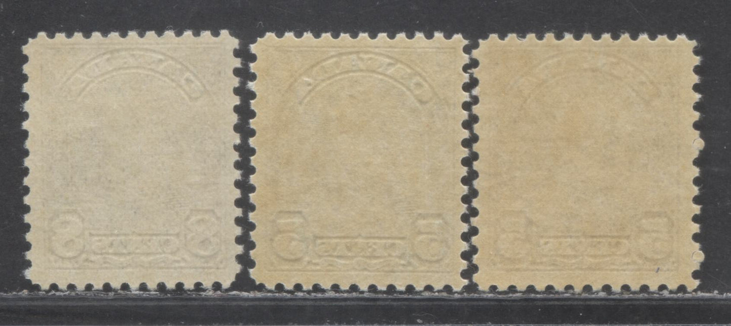 Lot 92 Canada #169a, 170-171 5c & 8c Dull Violet, Dull Blue & Dark Blue King George V, 1930-1931 Arch/Leaf Issue, 3 FNH Singles, Flat Press