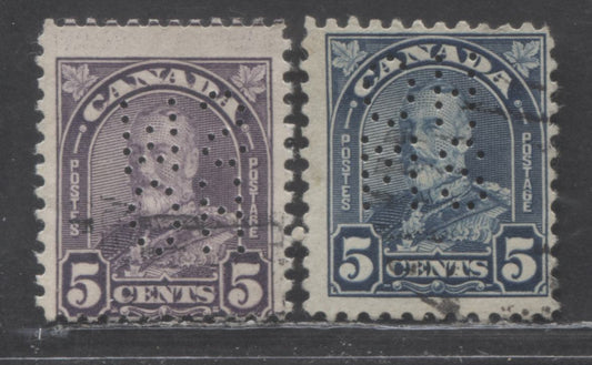 Lot 93 Canada #169avar, O8-170 5c Dull Violet & Dull Blue King George V, 1930-1931 Arch/Leaf Issue, 2 Very Good/Fine Used Singles, 5 Hole OHMS Perfin, Positions D & A