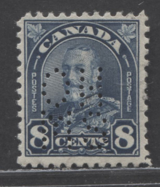 Lot 94 Canada #171var 8c Dark Blue King George V, 1930-1931 Arch/Leaf Issue, A Very Fine Used Single, 5 Hole OHMS Perfin, Position A