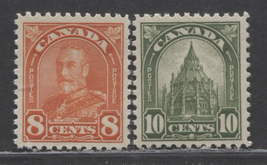 Lot 95 Canada #172-173 8c & 10c Red Orange & Olive Green King George V & Library Of Parliament, 1930-1931 Arch/Leaf Issue, 2 VFNH Singles, With Yellow Gum
