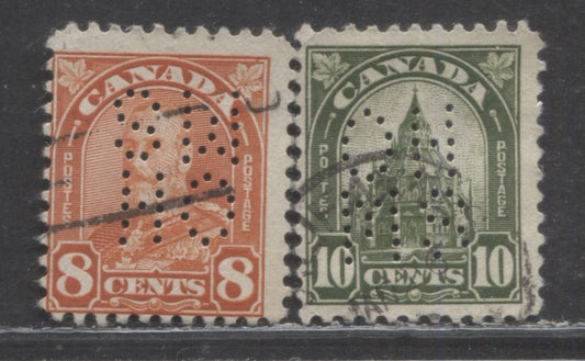 Lot 96 Canada #172var & O8-173 8c & 10c Red Orange & Olive Green King George V & Library Of Parliament, 1930-1931 Arch/Leaf Issue, 2 Very Good Used Singles, 5 Hole OHMS Perfin, Positions D & A