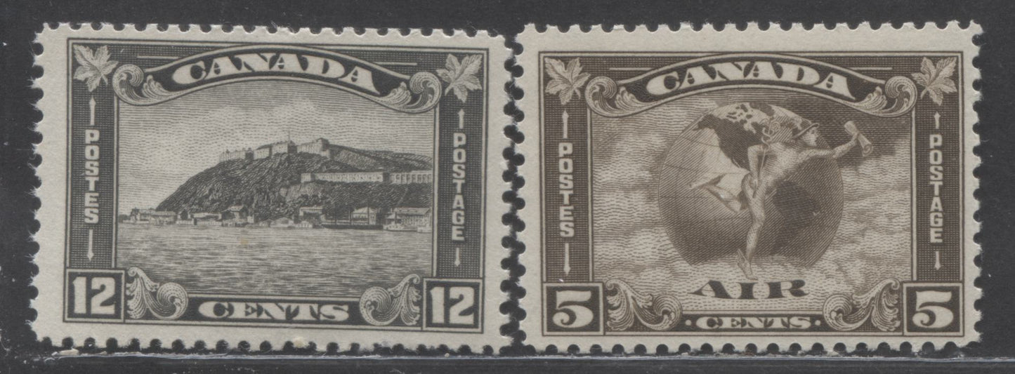 Lot 97 Canada #174, C22 5c & 12c Gray Black & Olive Brown Quebec Citadel & Mercury With Scroll, 1930-1931 Arch/Leaf Issue, 2 FNH SIngles