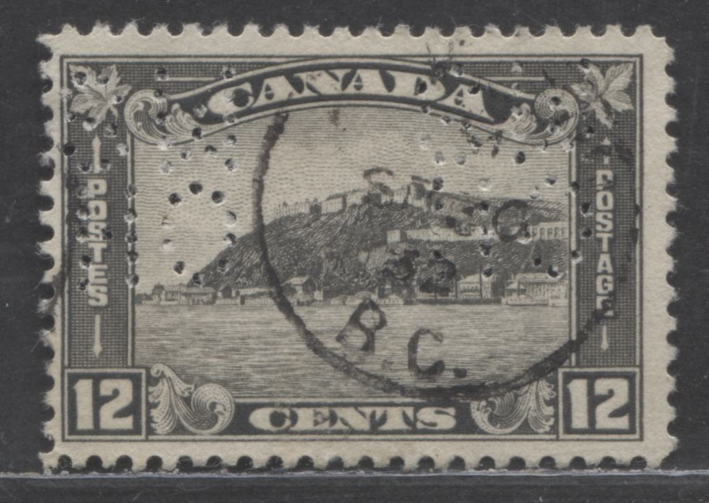 Lot 98 Canada #174var 12c Gray Black Quebec Citadel, 1930-1931 Arch/Leaf Issue, A Fine Used Single, 5 Hole OHMS Perfin, Position A