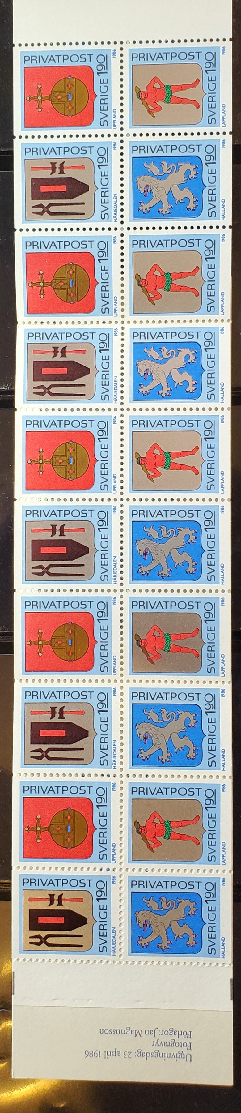Lot 265 Sweden SC#1595a 190kr Multicolored 1986 Provincial Arms Booklet, A VFNH Example, Click on Listing to See ALL Pictures, 2017 Scott Cat.$57.5 USD