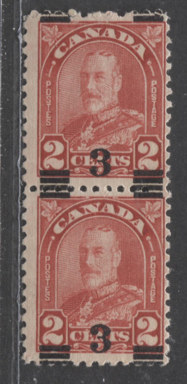 Lot 20 Canada #191aii 3c On 2c Deep Red King George V, 1932 Arch/Leaf Provisional Issue, A FOG/NH Pair, Die 1, Shifted Surcharge