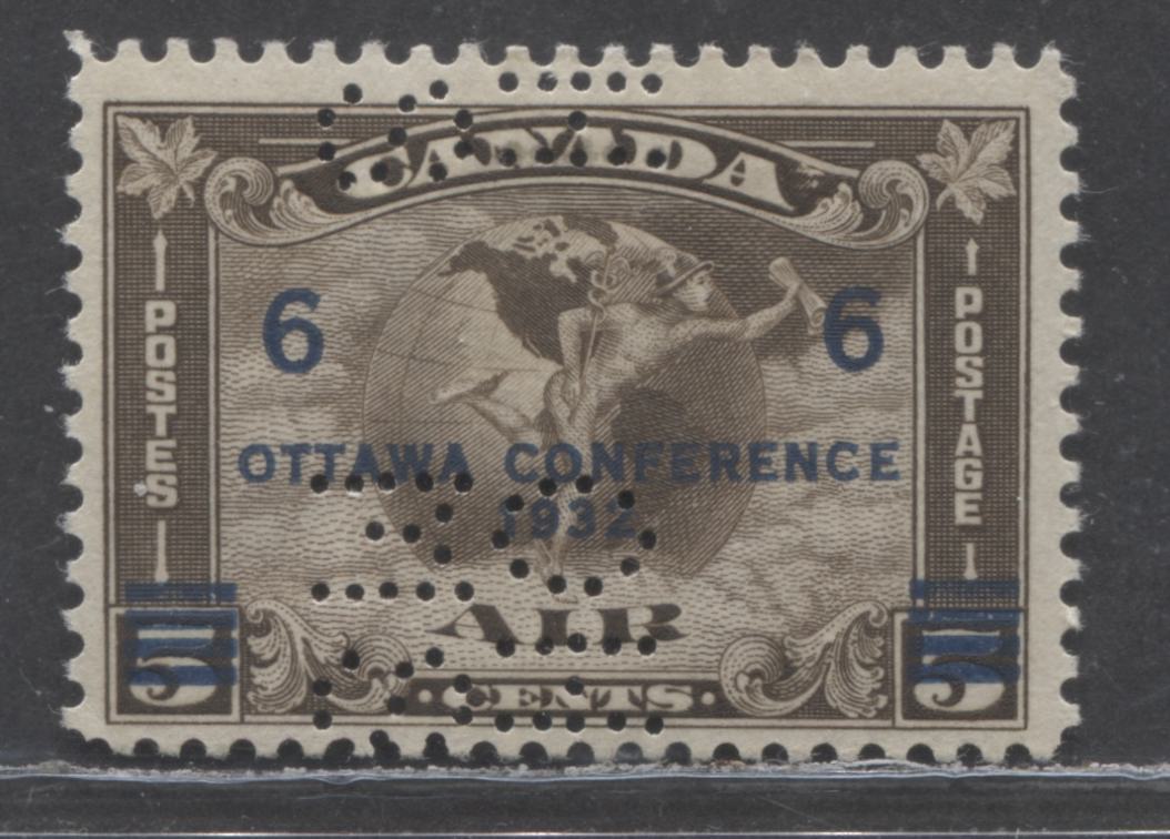 Lot 2 Canada #C4var 6c On 5c Olive Brown Mercury With Scroll, 1932 Airmail Issue, A FOG Single With 5 Hole OHMS Perfins, Pos. F
