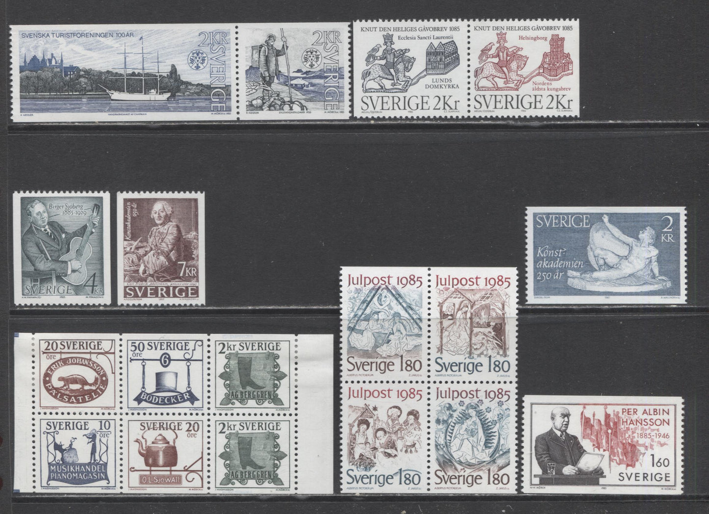 Lot 263 Sweden SC#1538-1561 1985 Commemoratives, 24 VFNH/LH Singles, Pairs, Blocks Of 4 & 6 And Souvenir Sheets, Click on Listing to See ALL Pictures, 2017 Scott Cat.$25.55 USD