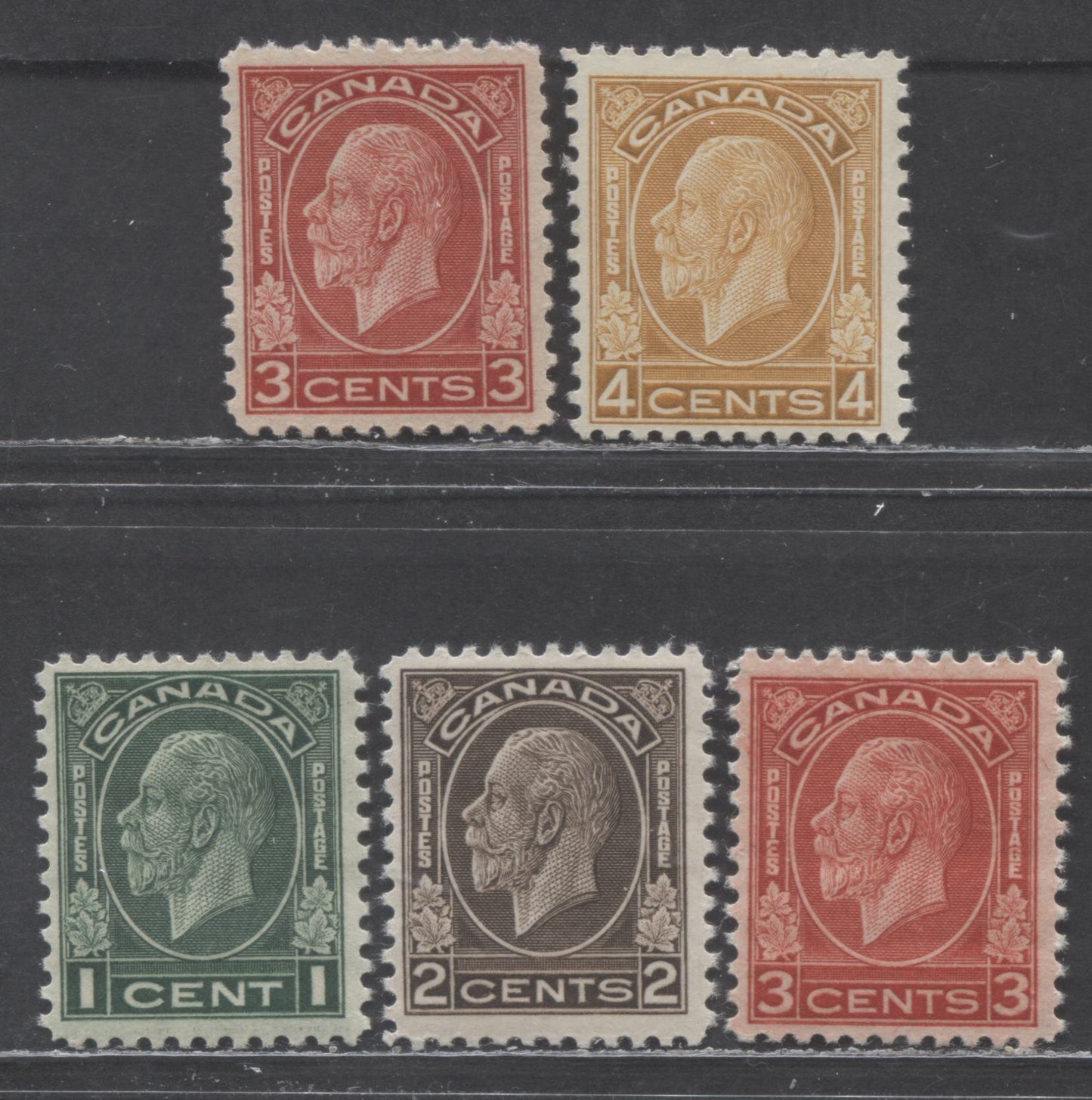 Lot 27 Canada #195-197c, 198i 1c - 4c Dark Green - Brownish Ochre King George V, 1932 Medallion Issue, 5 FNH Singles