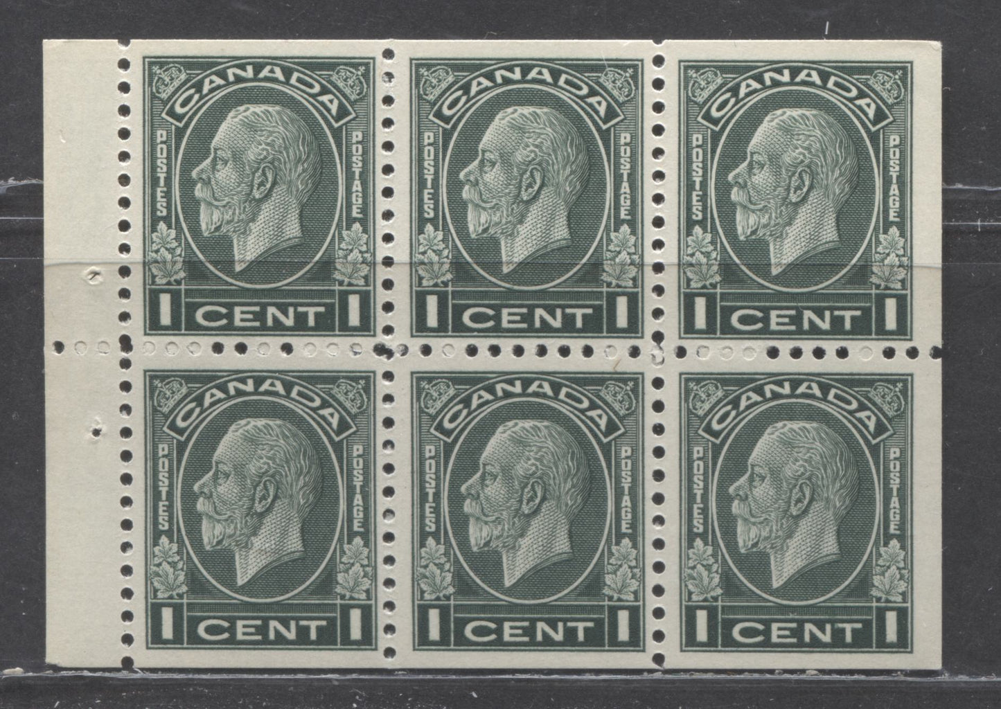 Lot 30 Canada #195b 1c Dark Green King George V, 1932 Medallion Issue, A VFNH Booklet Pane Of 6 With Deep Cream Gum
