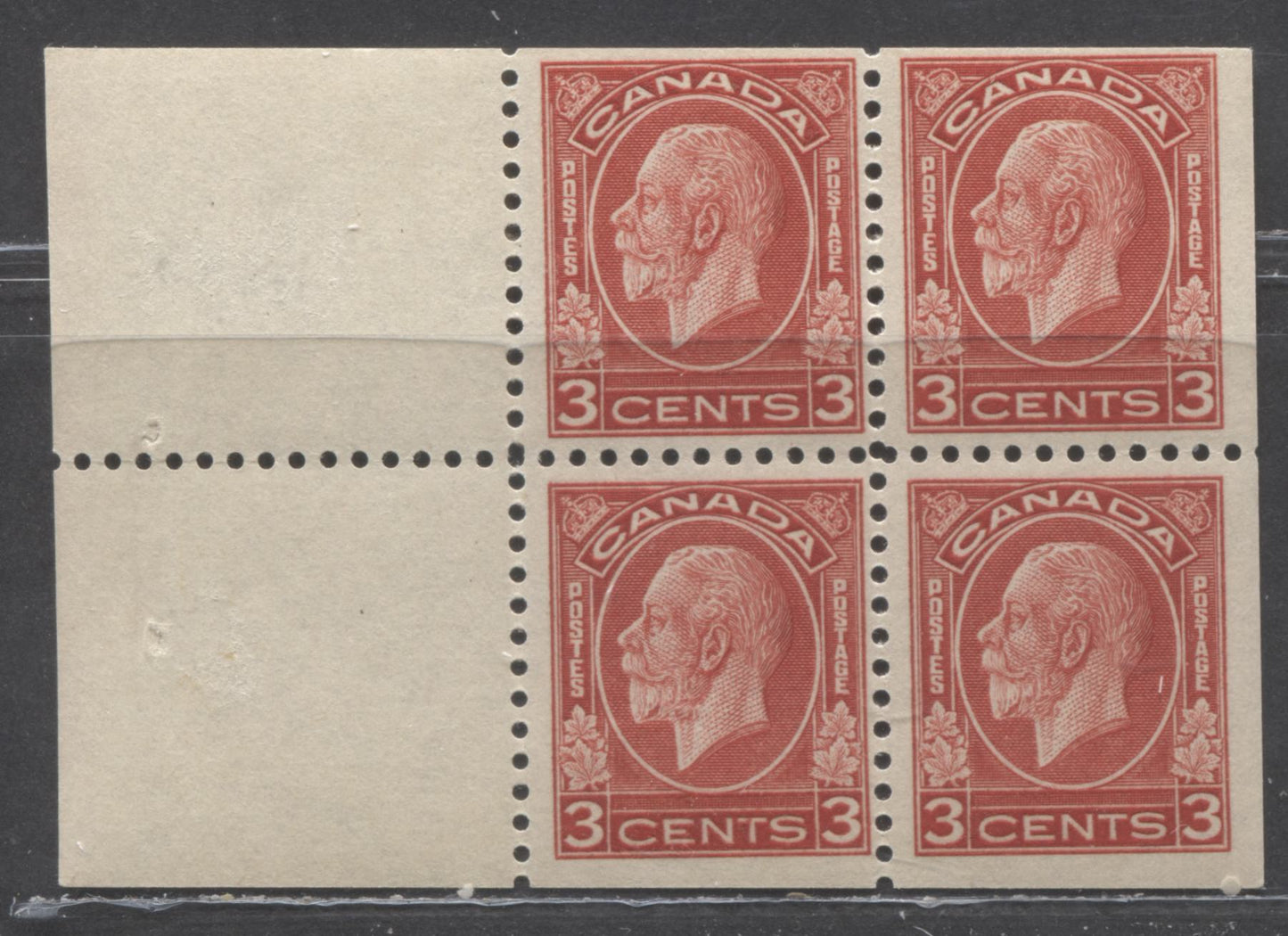 Lot 38 Canada #197d 3c Deep Red King George V, 1932 Medallion Issue, A FNH Booklet Pane Of 4