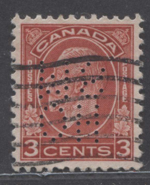 Lot 39 Canada #O8-197c 3c Deep Red King George V, 1932 Medallion Issue, A Very Fine Used Single With 5 Hole OHMS Perfins, Pos. D