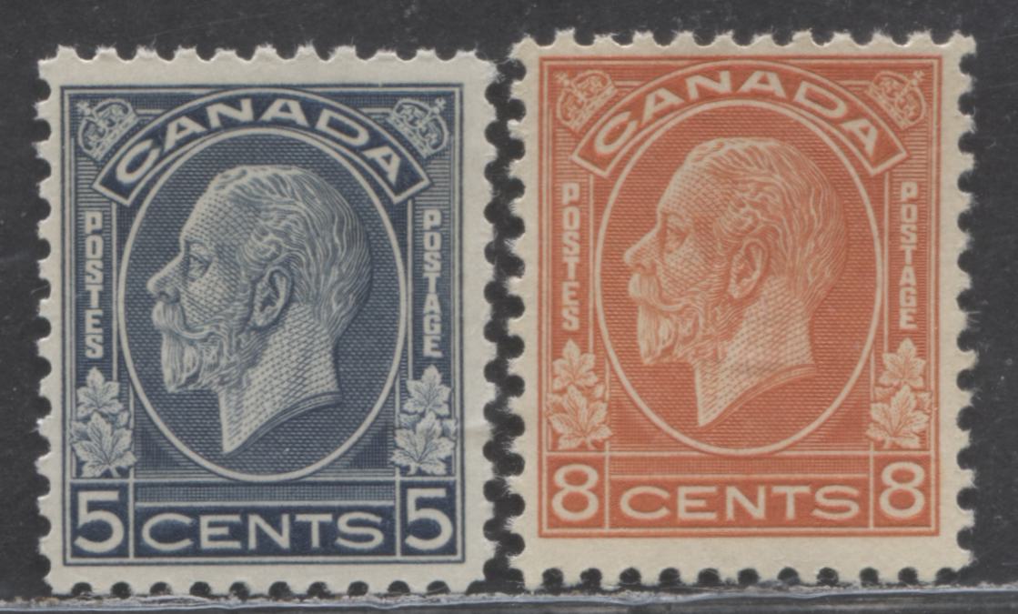 Lot 44 Canada #199-200 5c & 8c Dark Blue & Red Orange King George V, 1932 Medallion Issue, 2 FNH Singles With Cream & Yellowish Cream Gums