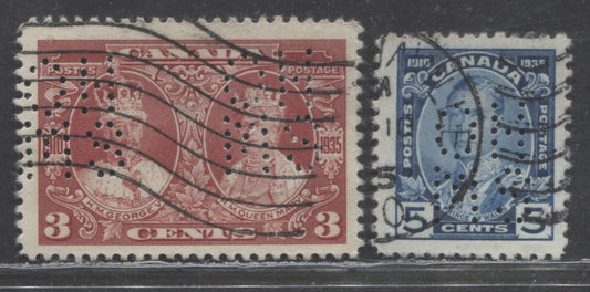 Lot 68 Canada #213-214var 3c & 5c Carmine - Blue KGV & Queen Mary - Prince Of Wales, 1935 KGV Silver Jubilee, 2 Fine Used Singles With 5 Hole OHMS Perfins, Pos. A