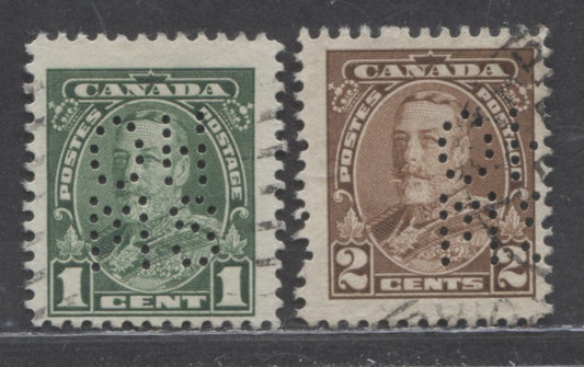 Lot 73 Canada #O8-217, O8-218 1c & 2c Green & Brown King George V, 1935 KGV Pictorial Issue, 2 Fine Used Singles With 5 Hole OHMS Perfins, Pos. A