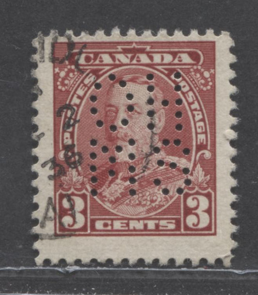Lot 81 Canada #O8-219 3c Dark Carmine King George V, 1935 KGV Pictorial Issue, A Fine Used Single With 5 Hole OHMS Perfins, Pos. A