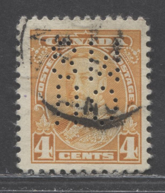 Lot 84 Canada #220 4c Yellow King George V, 1935 KGV Pictorial Issue, A Fine Used Single With 5 Hole OHMS Perfins, Pos. C