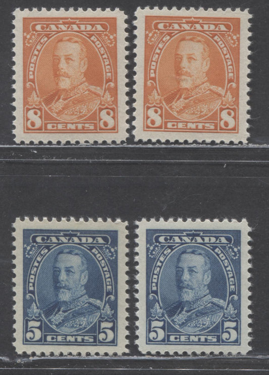 Lot 85 Canada #221-222 5c - 8c Blue & Deep Orange King George V, 1935 KGV Pictorial Issue, 4 VFNH Singles With Various Papers & Gums