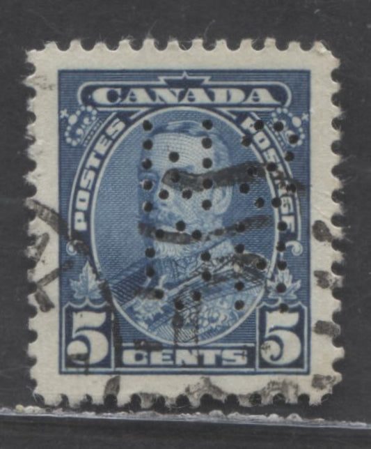 Lot 86 Canada #O8-221 5c Blue King George V, 1935 KGV Pictorial Issue, A Very Fine Used Single With 5 Hole OHMS Perfins, Pos. D