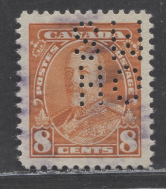 Lot 87 Canada #O8-222 8c Deep Orange King George V, 1935 KGV Pictorial Issue, A Very Fine Used Single With 5 Hole OHMS Perfins, Pos. C