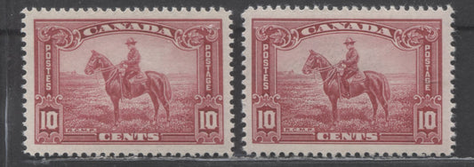 Lot 88 Canada #223 10c Carmine Rose RCMP, 1935 KGV Pictorial Issue, 2 VFNH Singles  On Vertical & Horizontal Mesh Paper With Streaky Cream & Cream Gums