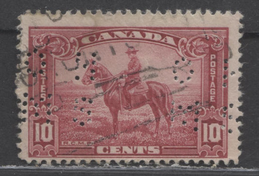 Lot 89 Canada #O8-223 10c Carmine Rose RCMP, 1935 KGV Pictorial Issue, A Fine Used Single With 4 Hole OHMS Perfins, Pos. A