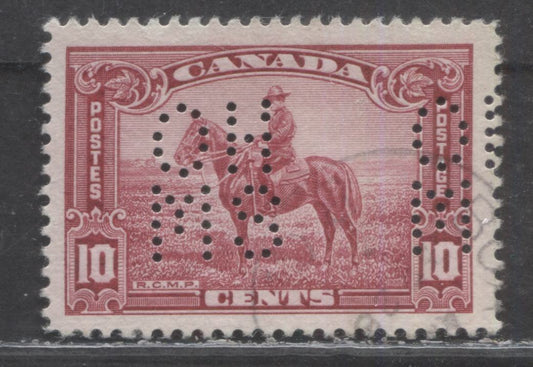 Lot 90 Canada #O8-223 10c Carmine Rose RCMP, 1935 KGV Pictorial Issue, A Very Fine Used Single With 5 Hole OHMS Perfins, Pos. A