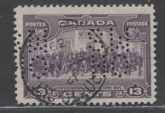 Lot 92 Canada #O8-224 13c Violet Charlottetown, 1935 KGV Pictorial Issue, A Fine Used Single With 5 Hole OHMS Perfins, Pos. C