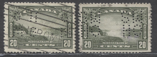 Lot 94 Canada #225var 20c Olive Green Niagara Falls, 1935 KGV Pictorial Issue, 2 Very Good/Fine Used Singles With 4 Hole OHMS Perfins, Pos. A & 4 Hole, Pos C
