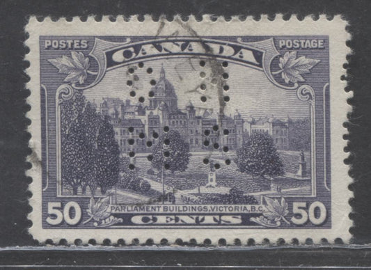 Lot 96 Canada #O9-226 50c Dull Violet Parliament, 1935 KGV Pictorial Issue, A Fine Used Single With 4 Hole OHMS Perfins, Pos. A