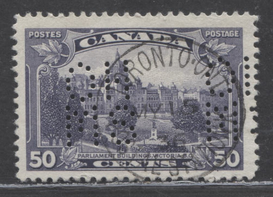 Lot 97 Canada #O8-226 50c Dull Violet Parliament, 1935 KGV Pictorial Issue, A Fine Used Single With 5 Hole OHMS Perfins, Pos. A