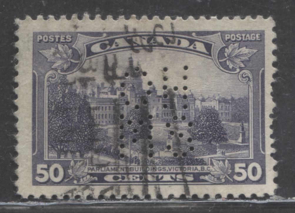 Lot 98 Canada #O8-226 50c Dull Violet Parliament, 1935 KGV Pictorial Issue, A Fine Used Single With 5 Hole OHMS Perfins, Pos. A