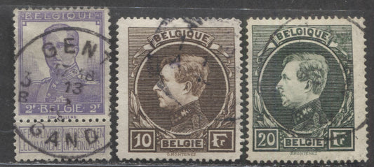 Lot 9 Belgium SC#101/213 1912-1929 Albert I, 3 Fine Used Singles, Click on Listing to See ALL Pictures, Estimated Value $25 USD