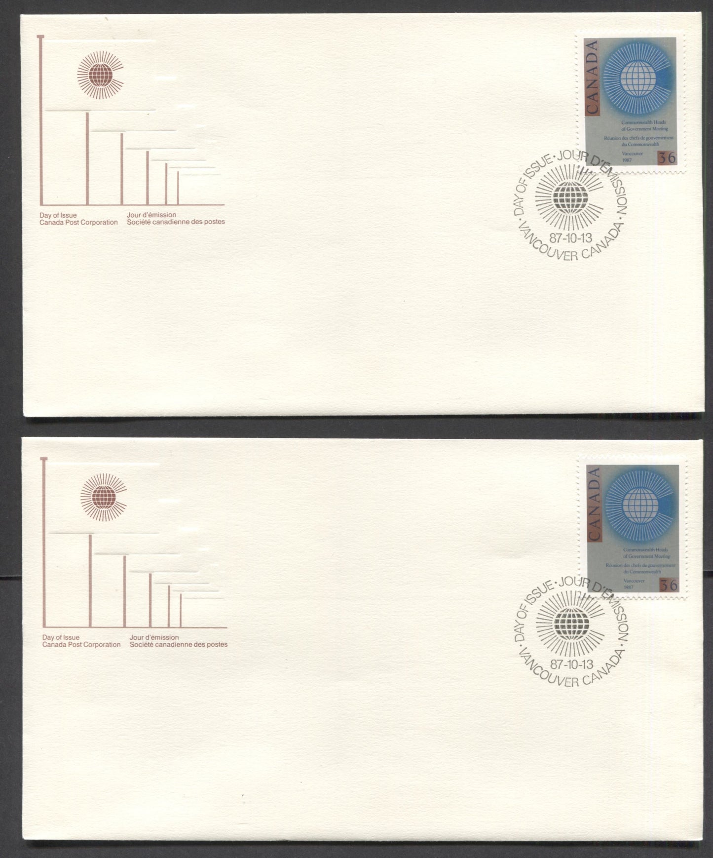 Lot 69 Canada #1145-1146, 1147-I, 1148-1150, 1152-1154, 15 Canada Post Official FDC's For the 1987  Air Canada, Quebec Summit, Commonwealth Meeting, Christmas, Football & Olympics Issues, Various Paper Fluorescences