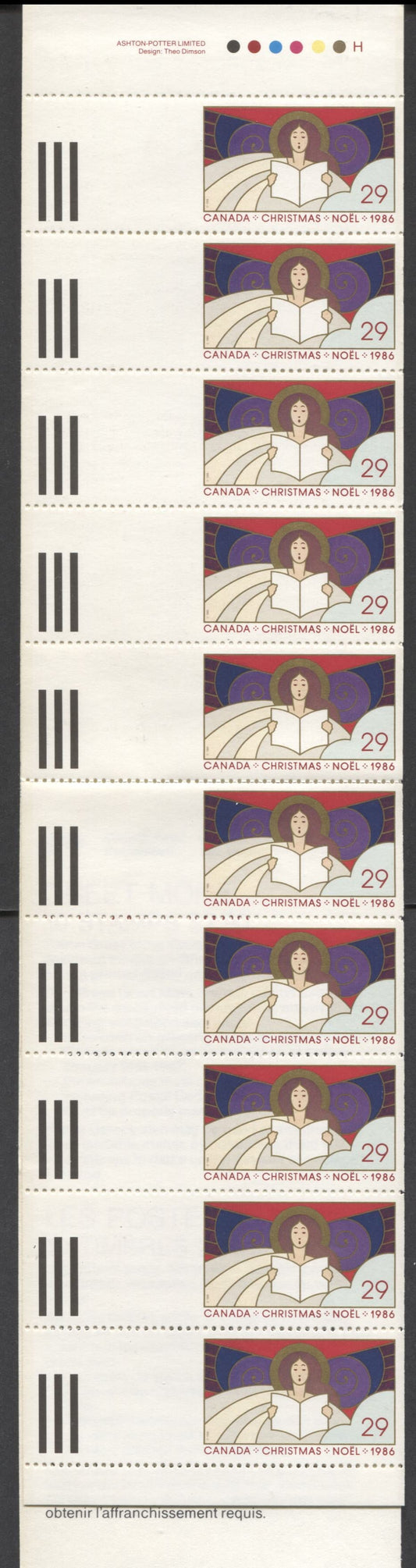 Lot 81 Canada #BK91d 29c Multicolored Angels, 1986 Christmas Issue, A VFNH Booklet Of 10, Tagging On Both Sides, DF Panes, Perf 12.5 Horizontally