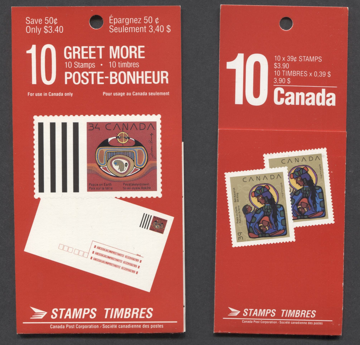 Lot 89 Canada #BK119a, 120b 34c & 39c Multicolored Rebirth & Virgin Mary With Christ Child, 1990 Christmas Issue, 2 VFNH Booklets Of 10 With DF & LF Covers, With & Without Tag Bar Across Tab