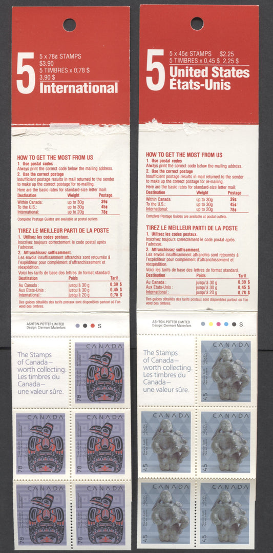Lot 90 Canada #BK121, 122 45c & 78c Multicolored Mother and Child & Children of the Raven, 1990 Christmas Issue, 4 VFNH Booklets Of 10 With DF & LF Covers, With & Without Tag Bar Across Tab