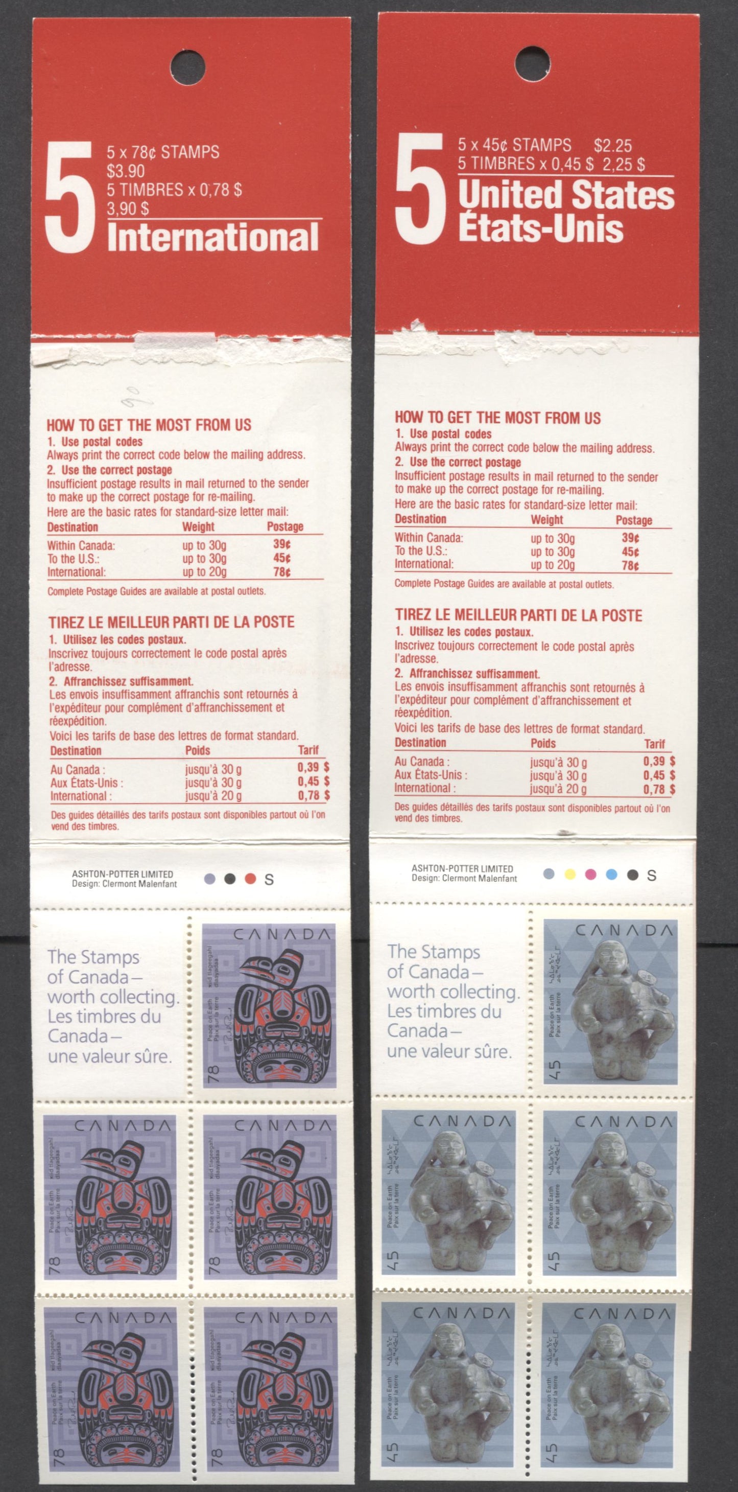 Lot 90 Canada #BK121, 122 45c & 78c Multicolored Mother and Child & Children of the Raven, 1990 Christmas Issue, 4 VFNH Booklets Of 10 With DF & LF Covers, With & Without Tag Bar Across Tab