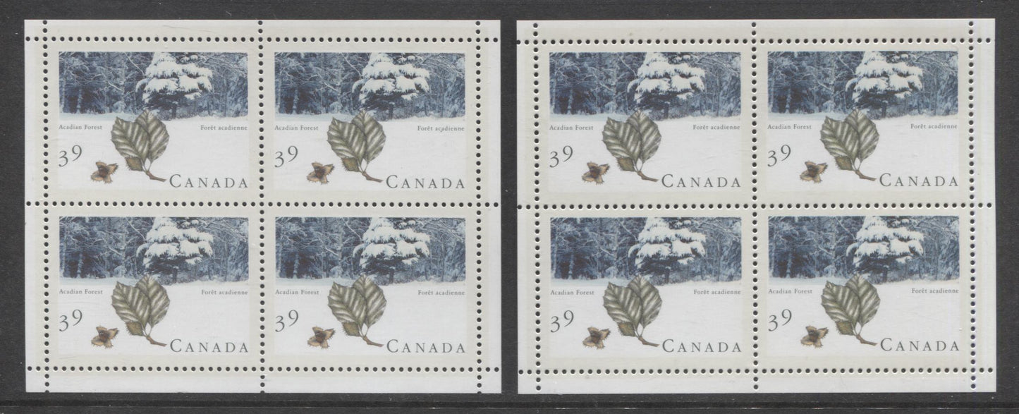 Lot 92 Canada #1283a 39c Multicolored Acadian Forest, 1990 Majestic Forests Of Canada, 2 VFNH Mini Panes Of 4 On DF/DF & DF/LF Peterborough Papers