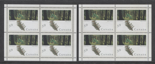 Lot 93A Canada #1285a 39c Multicolored Coast Forest, 1990 Majestic Forests Of Canada, 2 VFNH Mini Panes Of 4 On DF/DF & DF/LF Peterborough Papers