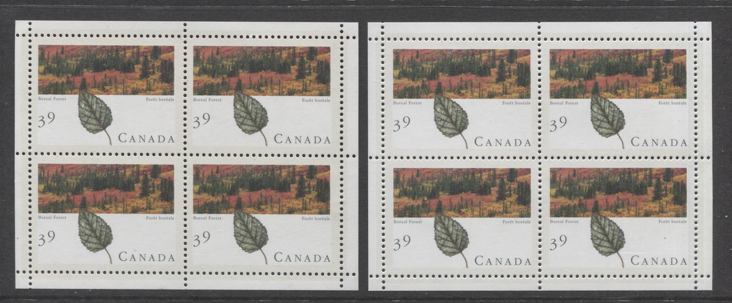 Lot 93B Canada #1286b 39c Multicolored Boreal Forest, 1990 Majestic Forests Of Canada, 2 VFNH Mini Panes Of 4 On DF/DF & DF/LF Peterborough Papers